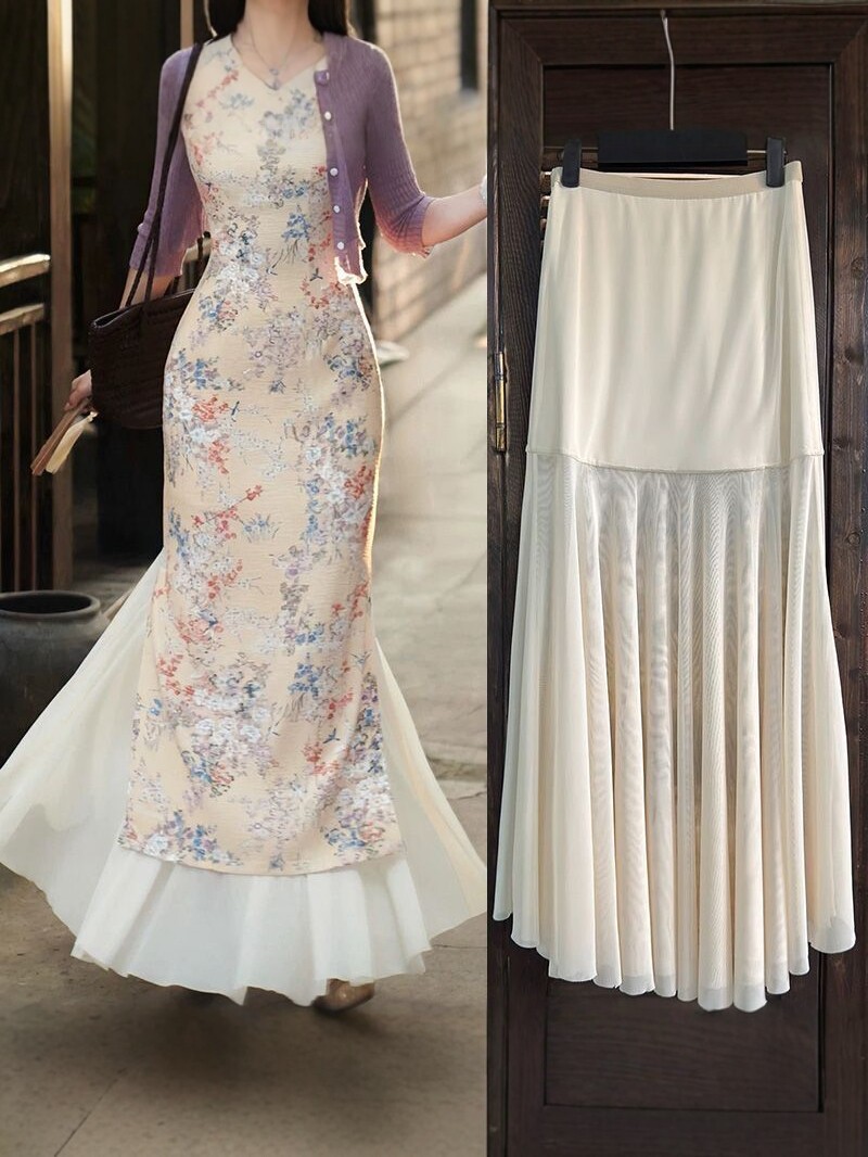 Qadın üçün uzun alt yubka - qipao altlığı, yüksək bel