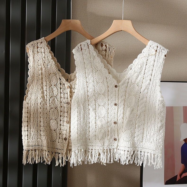 French-Style Niche Design Hollow-Out Crochet Knit Vest for Women, Summer Outerwear, Loose Tassel Sleeveless Trendy Top French-Style Niche Design Hollow-Out Crochet Knit Vest for Women, Summer Outerwear, Loose Tassel Sleeveless Trendy Top