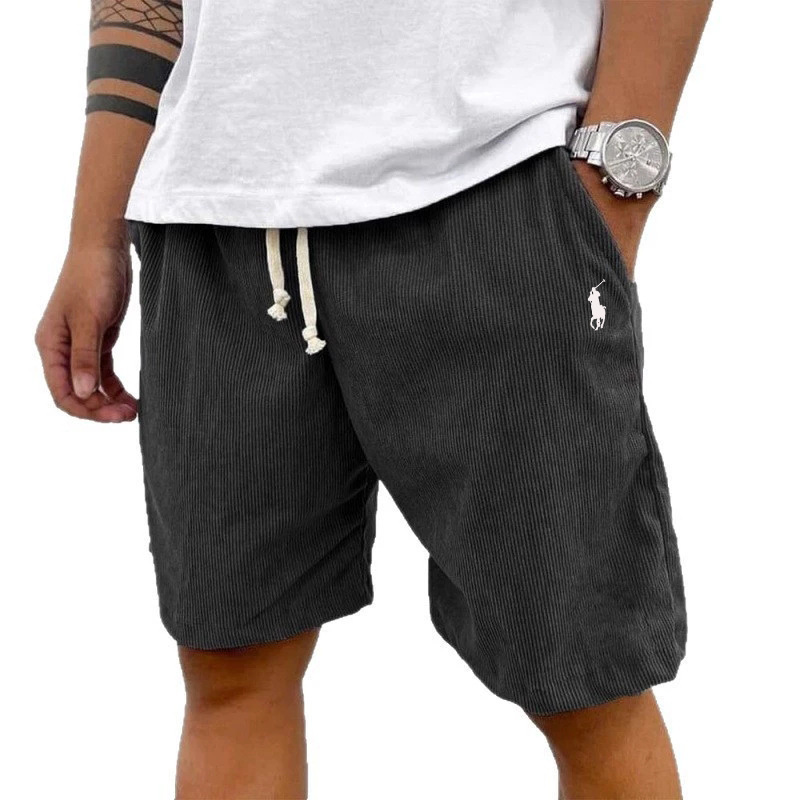 European and American Men's Summer Corduroy Drawstring Casual Shorts Lr Embroidered Horse Sports Shorts Loose Retro Trendy Brand