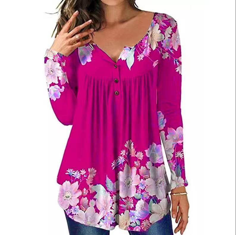 Women's autumn new slim round neck button pattern T-shirt_voghion.com