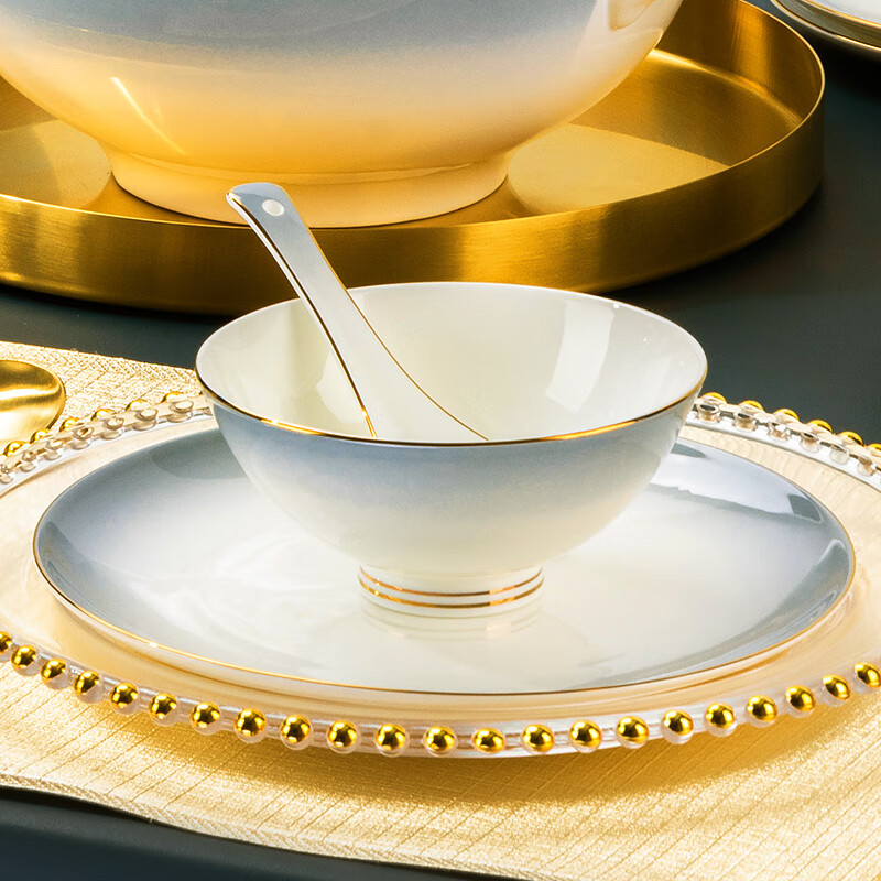 Tangshan tazón doméstico nuevo tazón de fideos hueso porcelana cubiertos sopa tazón de pintura dorado color gradiente puede microondas tazón de cerámica