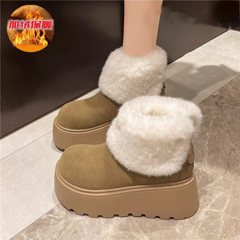 Интернет-красный модный снежный хлопок сапоги 2024 новый маленький человек, увеличенные короткие сапоги, сосновый кекс, снежные сапоги зимой плюс бархат