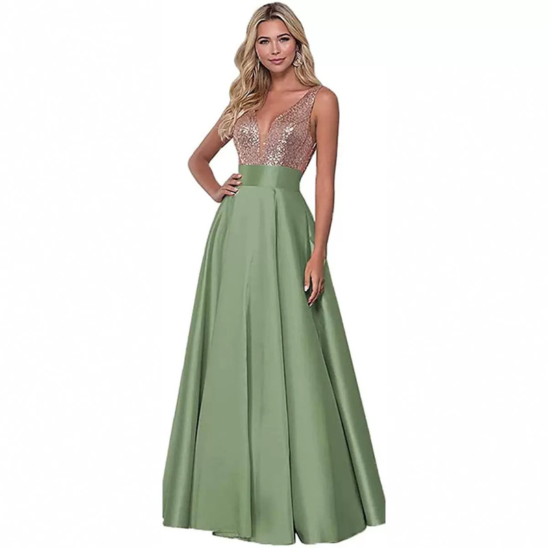 Aliexpress European and American Satin Dress 2025 New V Neck Sequined Long Prom Sexy Backless Evening Dress