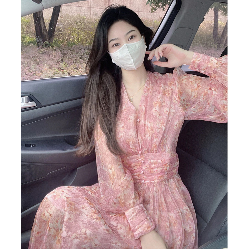 0130 spring women's 2022 new French style princess dress design pink floral dress