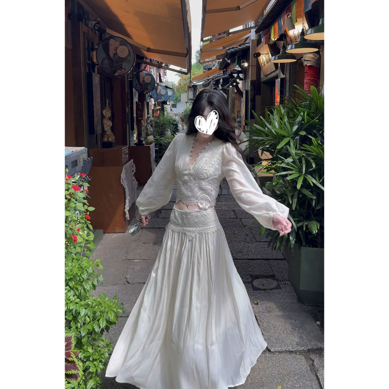 韩系镂空套头女纯欲气质宽松休闲显瘦长袖上衣半身裙两件套装|undefined