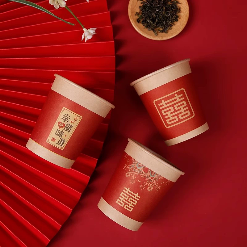 Толстая красная чайная чашка с поздравительным словом, жесткая антиожогенная помолвка, свадебная бумажная чашка, специальная одноразовая чашка для свадьбы