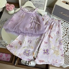 夏の女の子のスーツの新型2025ネットの蝶結びのベストのシャツのプリントの広い足のズボンの国風の2つのセット