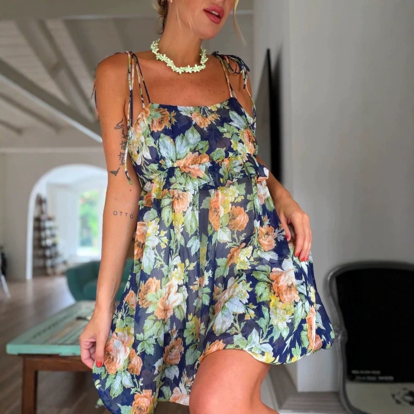 Bohemian Floral Print Spaghetti Strap Maxi Dress With Ruffle Hem, Relaxed Fit For Vacation & Daily Wear_ecoleips.com