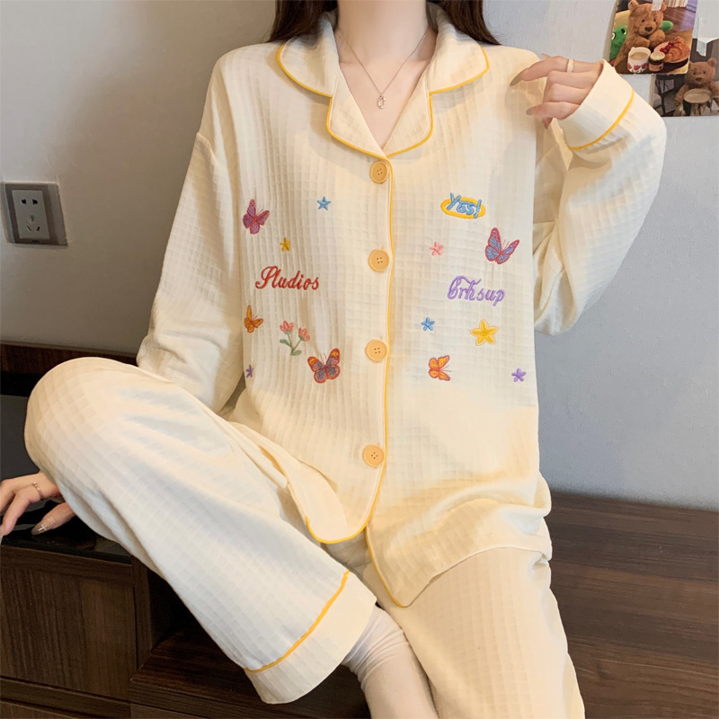 Minimalist Mori-Style Ins Waffle Plaid Layered Air Cotton Autumn and Winter Warm Pajamas Sweet Set Wholesale