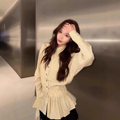 美式复古条纹长袖衬衫女早秋撞色明线甜辣收腰显瘦中长款翻领衬衣