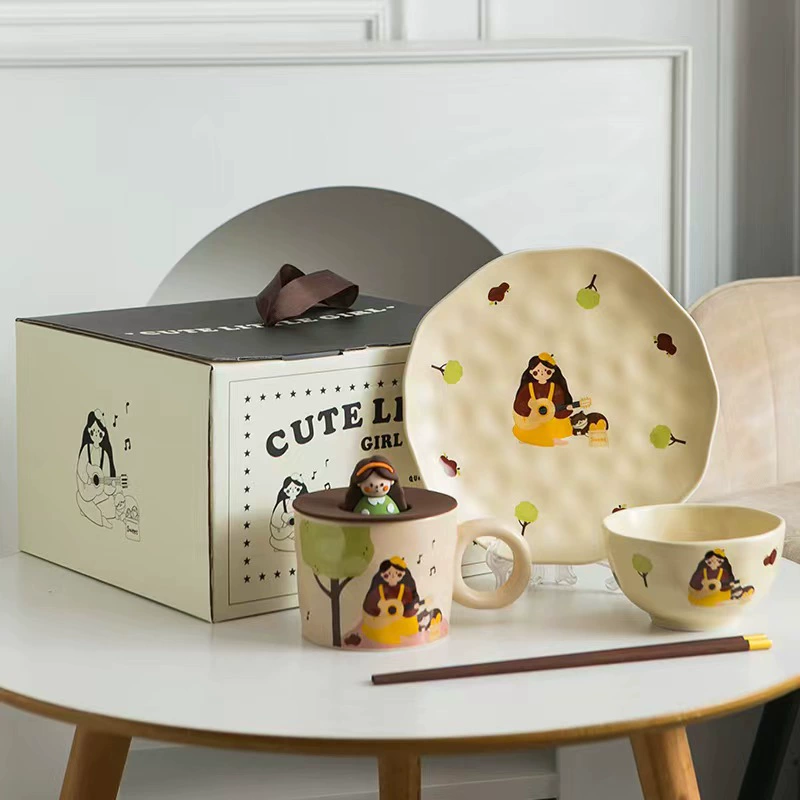 Retro tableware, ceramic cute high quality set, gift box for home use