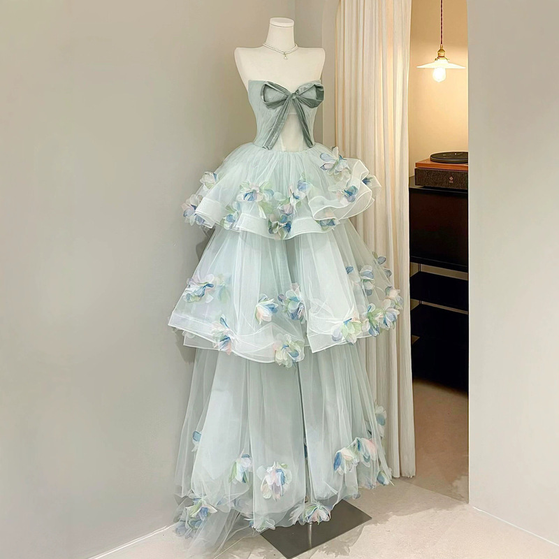 Forest-Style Strapless Evening Gown with a High-End Feel, Floral Design, Suitable for Hosts, Coming-Of-Age Ceremonies, Birthday Parties, Princess Style, Light Luxury, and Niche Fashion