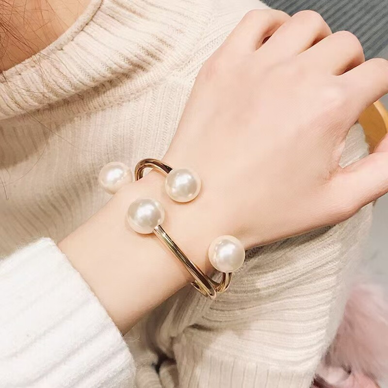Geometric Asymmetrical Half-Design Bracelet Open Wholesale European and American Fashion Double-Layer Abs Pearl Bracelet Geometric Fashion