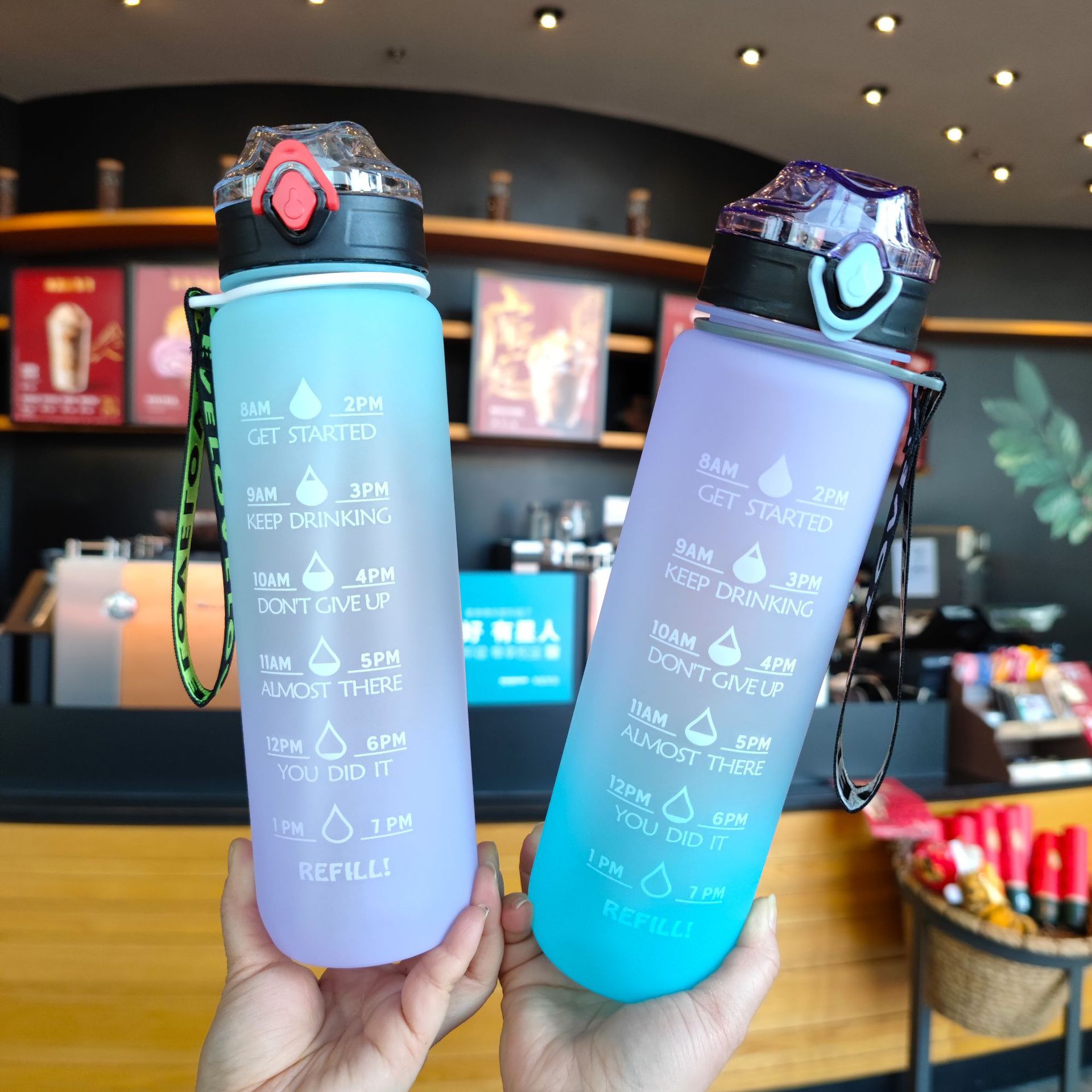 Gran capacidad botella de agua color degradado helado pato paja cuerda portátil deportes al aire libre taza de agua 1000ml