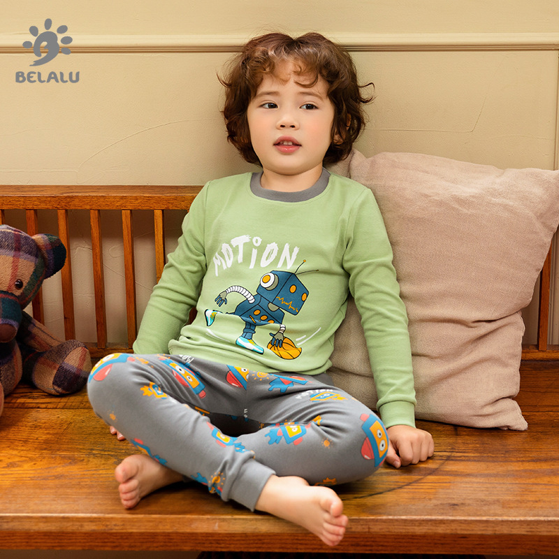 Boys Aged 3-14 Years Old Pure Cotton Home Clothes Kidsren's Autumn and Winter Tight Pajamas Kidsren's Robot Autumn Clothes Intimates Set