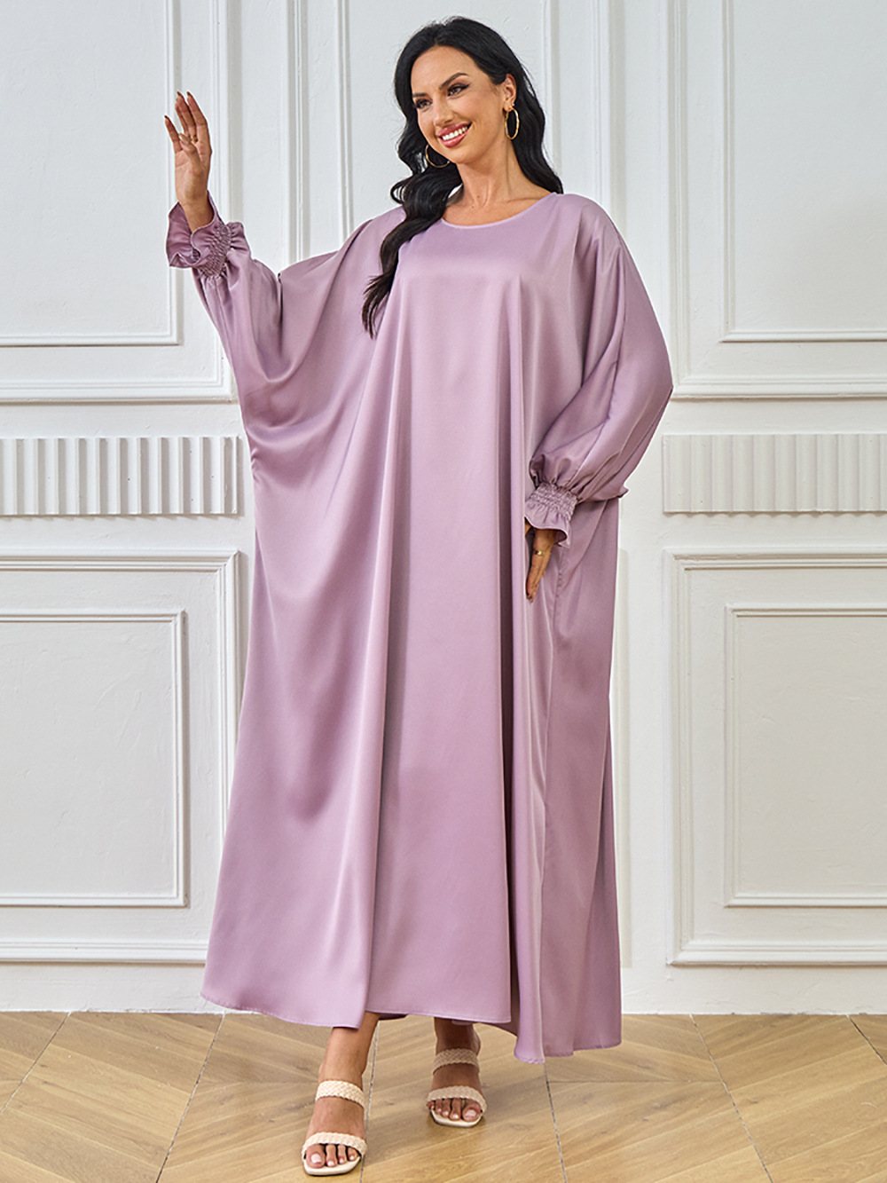 2024 New Cross-Border Abaya Dubai Muslim Middle Eastern Women's Long Robe Solid Color Dress_ecoleips.com
