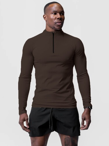 Men's European and American Sports Fitness Compression Spandex Half-Zip Dry-Wicking Solid Color Exercise Long-Sleeve Top
