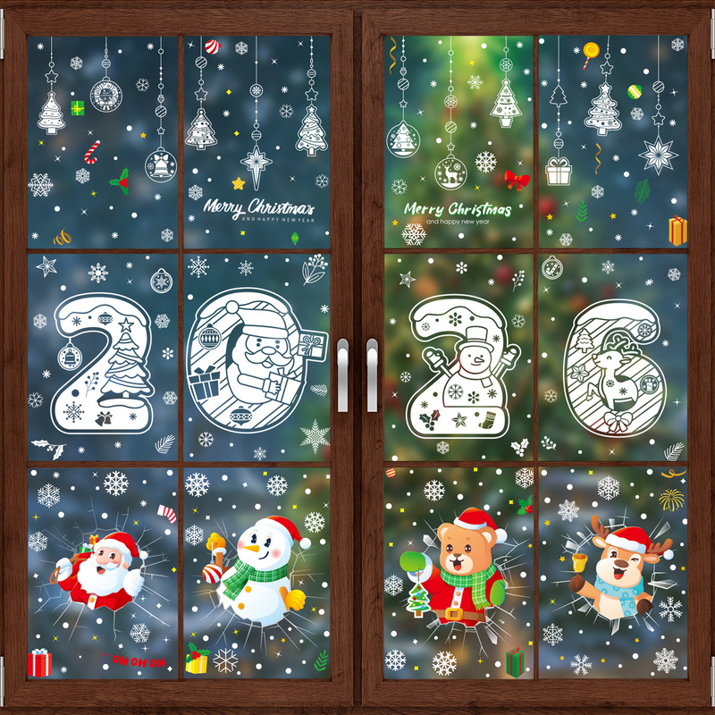 メリークリスマスステッカークリスマス製品ホワイトスノーフレーク静電ステッカーサンタヘラジカ雪だるまウィンドウステッカー卸売|undefined