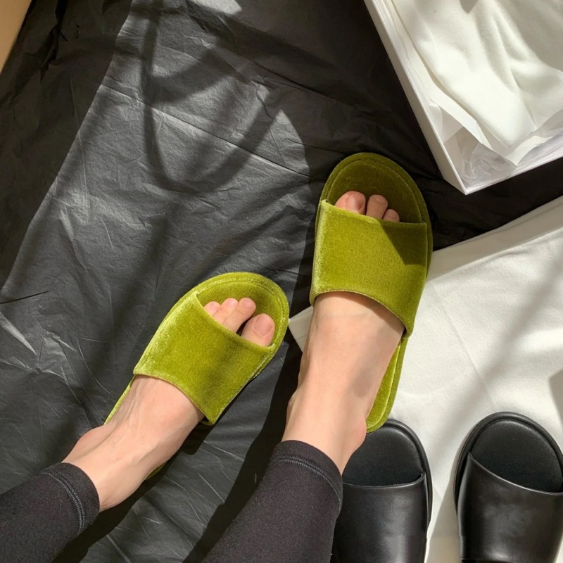 Minimalistische Flache Damen-slipper Aus Leder Und Samt_voghion.com