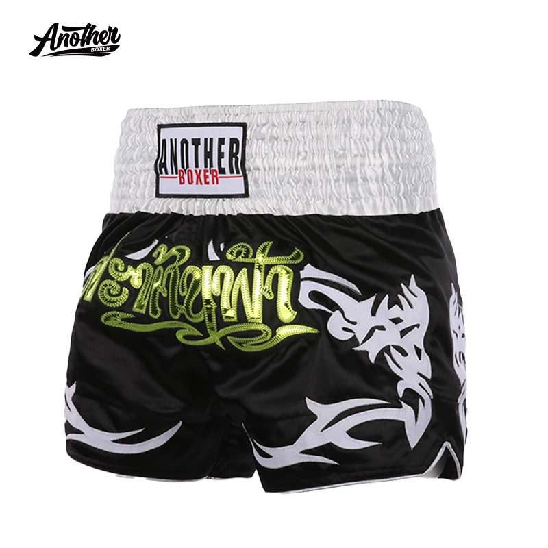 Anotherboxer Black Muay Thai Pants Leather Embroidered Shiny Fighting Competition Shorts