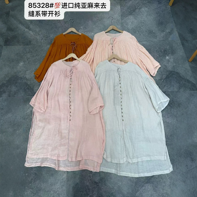 Summer new Korean-style linen front-back tie mid-length shirt, versatile lightweight top for women