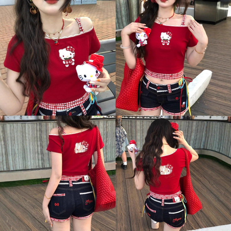 Embroidered Kitty Cat Sweet Sexy Lace Slanted Shoulder Short-Sleeved T-Shirt Women's Summer Plaid Hem Pure Lust Style Short Top