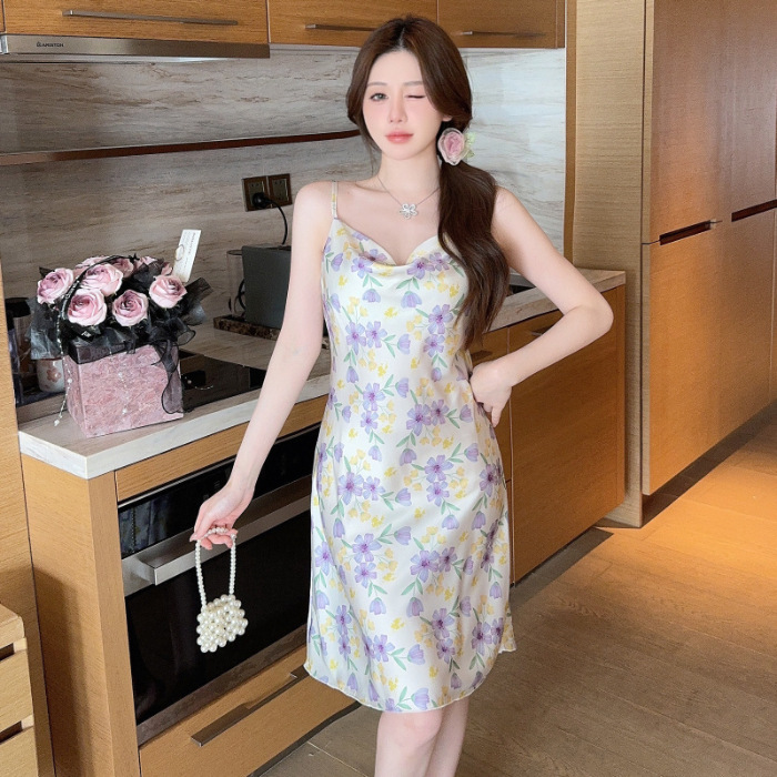 2024 verano pijama de cuello swing chica pura libido mariposa estampado eslingas de espalda descubierta sexy vestido de pijama atractivo ropa para el hogar