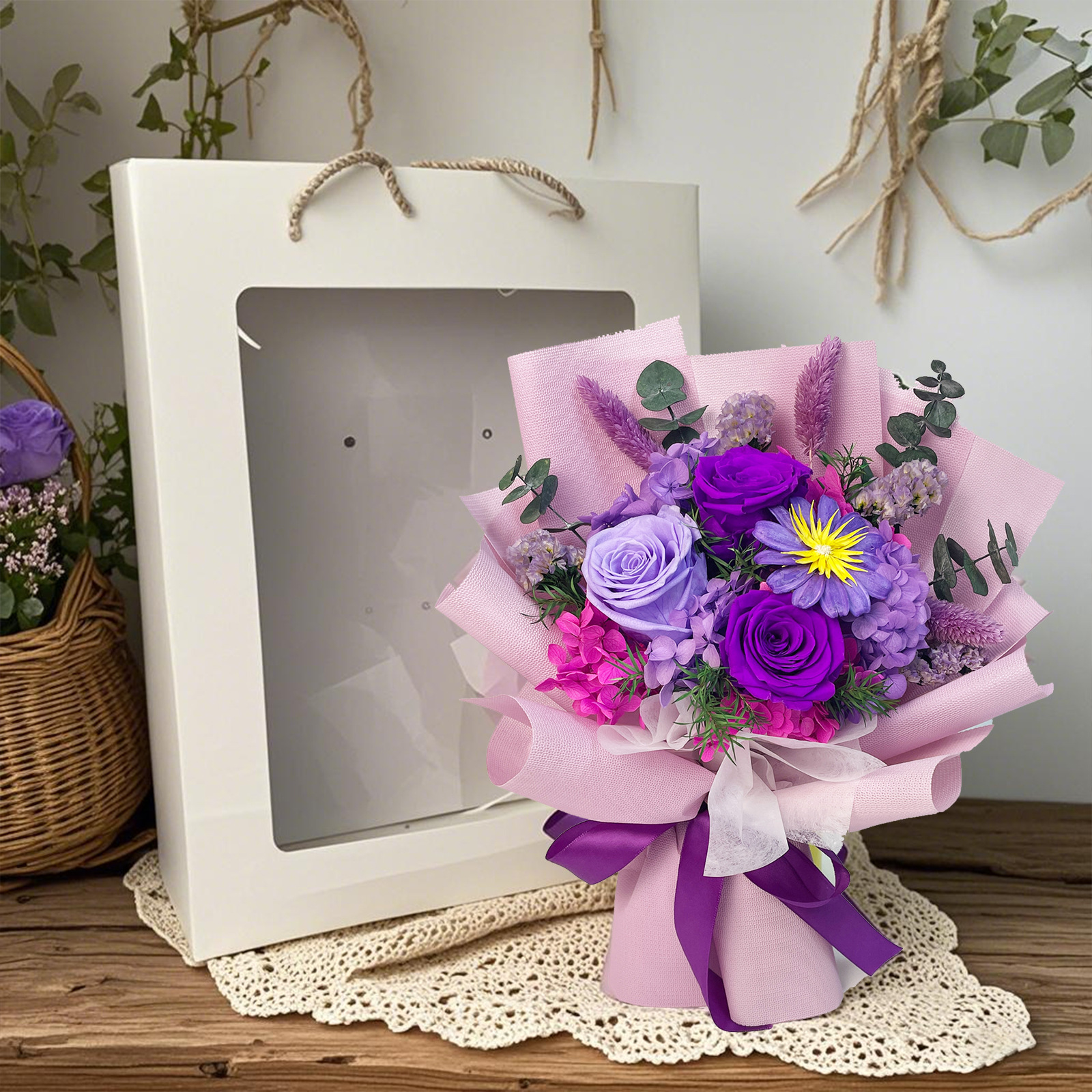 Flor eterna transfronteriza ramo de rosas moradas producto terminado San Valentín novia regalo de cumpleaños flor eterna decoración de alta calidad