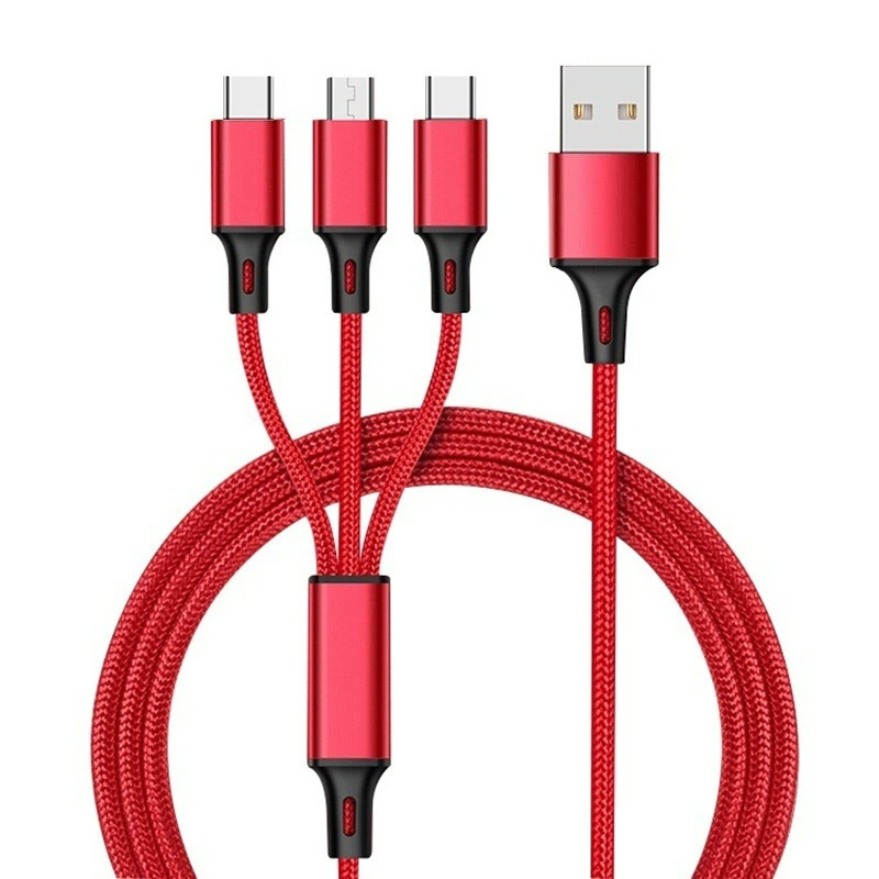 Переплетенный кабель данных 1 к 3, длина 1,2 м, Apple/Android/Type-C, быстрая зарядка 3A