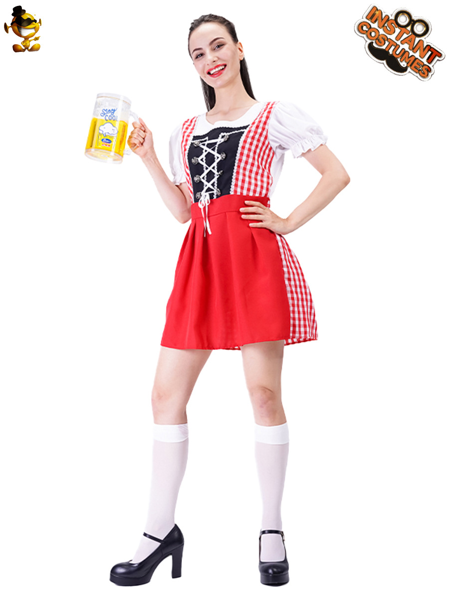Rojo Plaid cerveza vestido de las mujeres carnaval maquillaje danza vestido Festival fiesta Cosplay traje