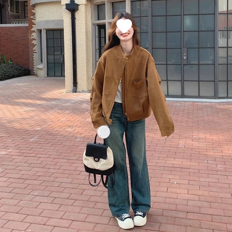 美拉德棕色夹克外套女麂皮绒春秋新款韩版宽松休闲百搭立领上衣潮|undefined