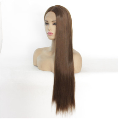 Peruca de comercio exterior marrón europeo y americano cabello largo recto frente de encaje fibra química peluca LW0208