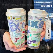 漫EXO明星周边保温杯不锈钢学生高颜值吸管双饮大容量咖啡水杯