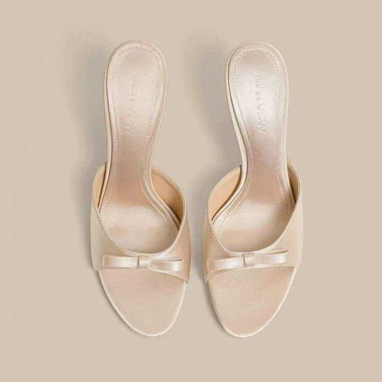 Champagne-colored satin bow high-heeled sandals for women, summer French style stiletto slip-on shoes, slimming pointed toe for outdoor wear