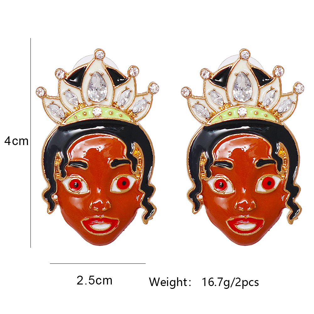 55735 European And American New Oil Painting Cute Women Cartoon Red Face Female Stud Earrings Rhinestone Earrings Factory Wholesale display picture 1