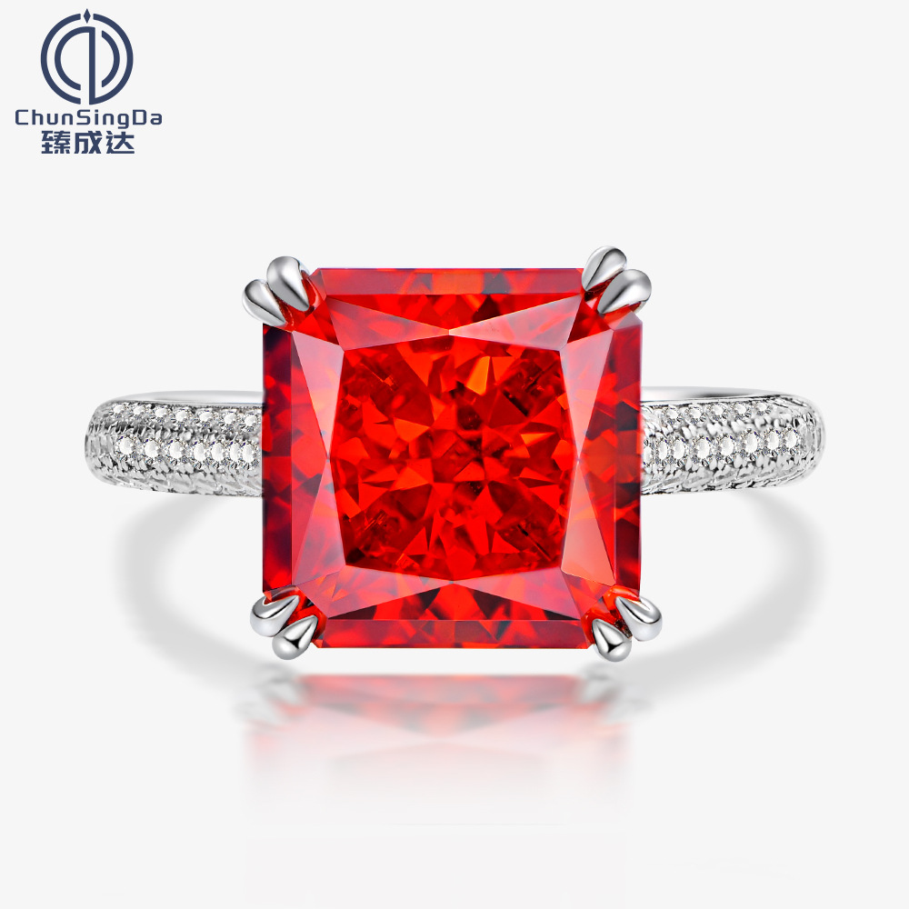 Zhenchengda 10 karat high carbon diamond Padma 10*10 ruby ring sterling silver Ledean Ice Flower cut diamond ring