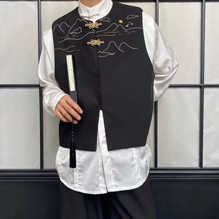 Spring and Autumn New Chinese Landscape Embroidery Metal Buckle Design Vest Jacket Men's Retro National Style Zen Vest