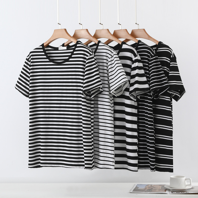 Summer New Modal Ribbed Round Neck Short-Sleeve Base Shirt, Fashionable Striped Retro Versatile Simple Women's Top Summer New Modal Ribbed Round Neck Short-Sleeve Base Shirt, Fashionable Striped Retro Versatile Simple Women's Top