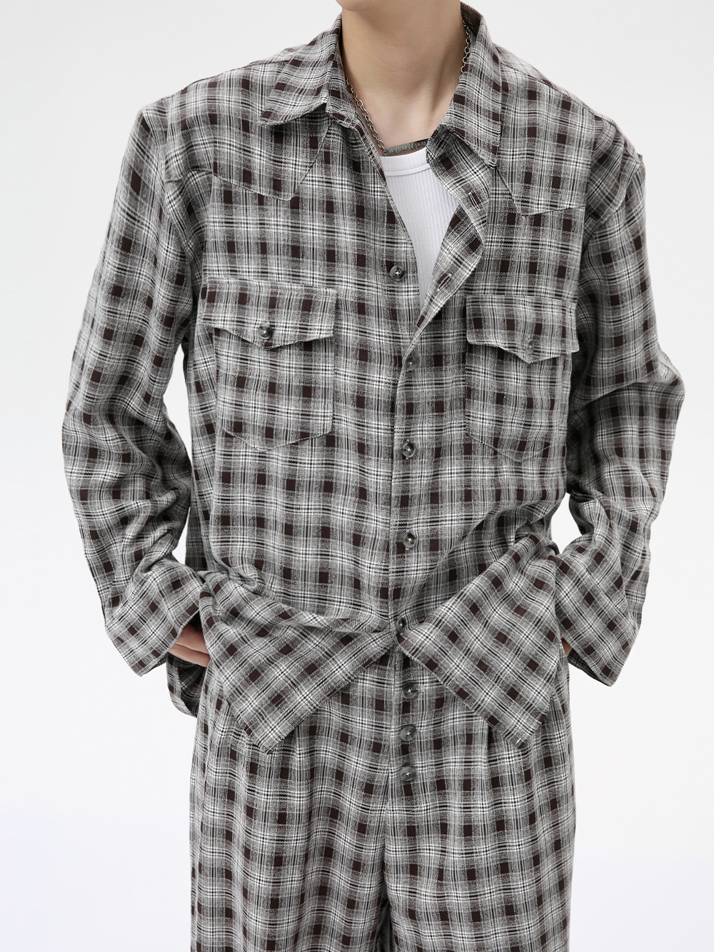 MTLCLOTHES Hombres| 2024 otoño nuevos productos coreanos retro cuello a cuadrícula camisa pantalones largos set casual