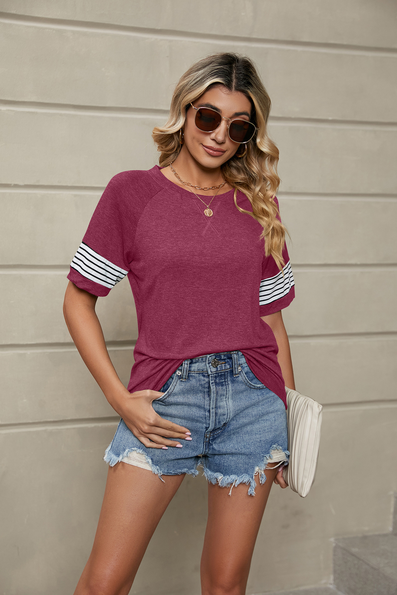 2023 European And American Cross-Border Foreign Trade Summer New Striped Patchwork Loose Round Neck Short Sleeve_ecoleips.com