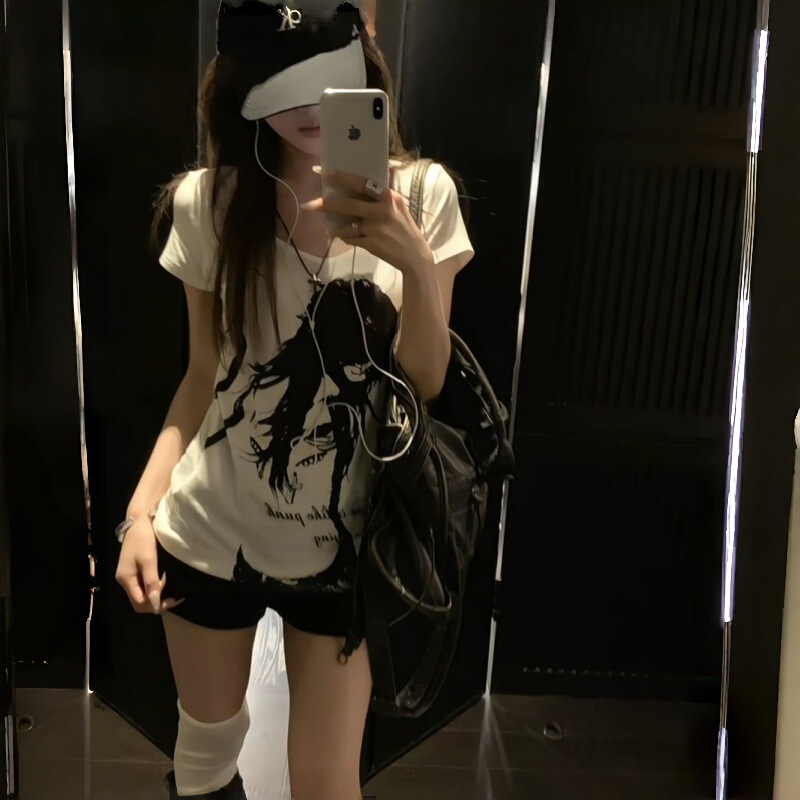 【260g Rayon Modal】Light Asian Style Punk V-neck Straight Shoulder Short Sleeve T-shirt for Women, Summer Slim Fit Top