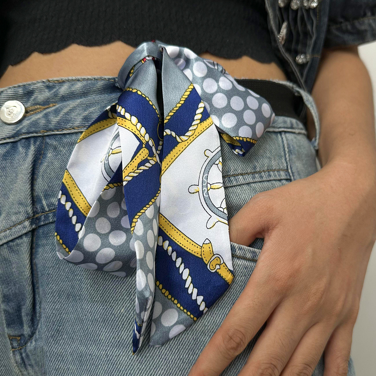 JEDING seda europea y americana poliéster azul y blanco correa de cabello retrógrada francesa cinta impresión de máquina de corazón mujer transfronteriza