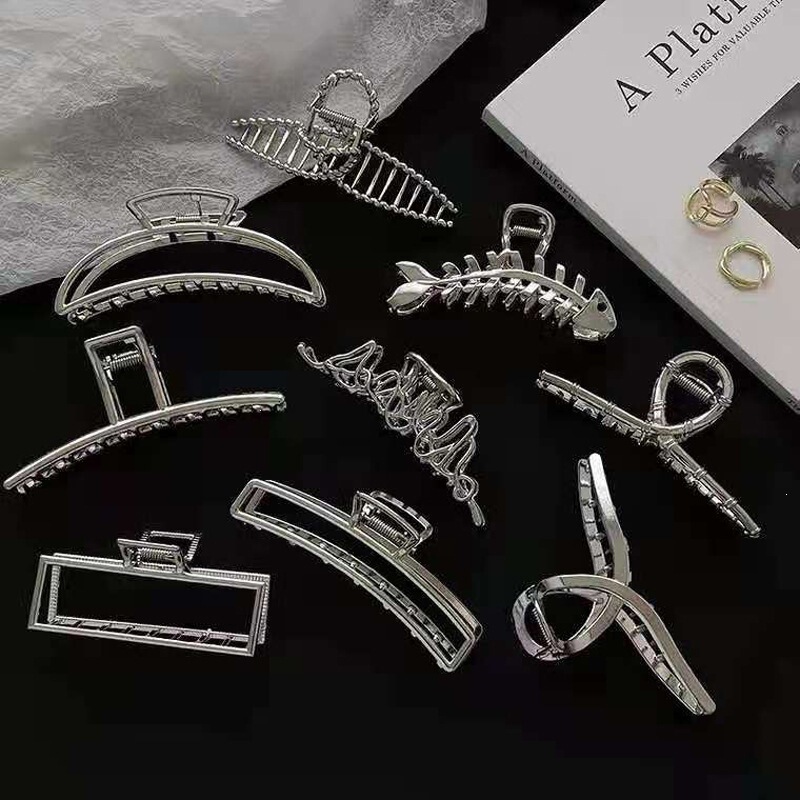 Large Silver Metal Hair Clip for Thick Hair, Geometric Hair Claw Clip, Hair Accessory, Korean Shark Clip Large Silver Metal Hair Clip for Thick Hair, Geometric Hair Claw Clip, Hair Accessory, Korean Shark Clip