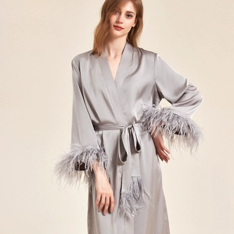 Свадебный халат, свадебная пижама, свадебный сексуальный страусиный перьевой новый стиль, французский длинный ночной халат