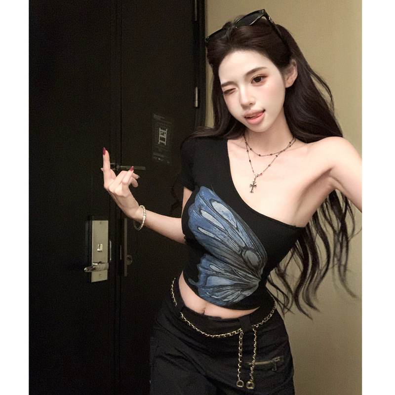 Printed Short Butterfly Regular Short Sleeve Korean Style T-Shirt Elegant Designer Black Light Luxury Slim Fit Top for Women