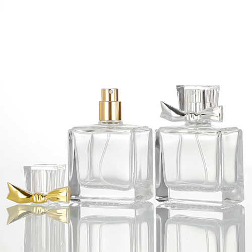 50ml butterfly bow lid square thick bottom grid bottom glass perfume atomizer bottle cosmetic