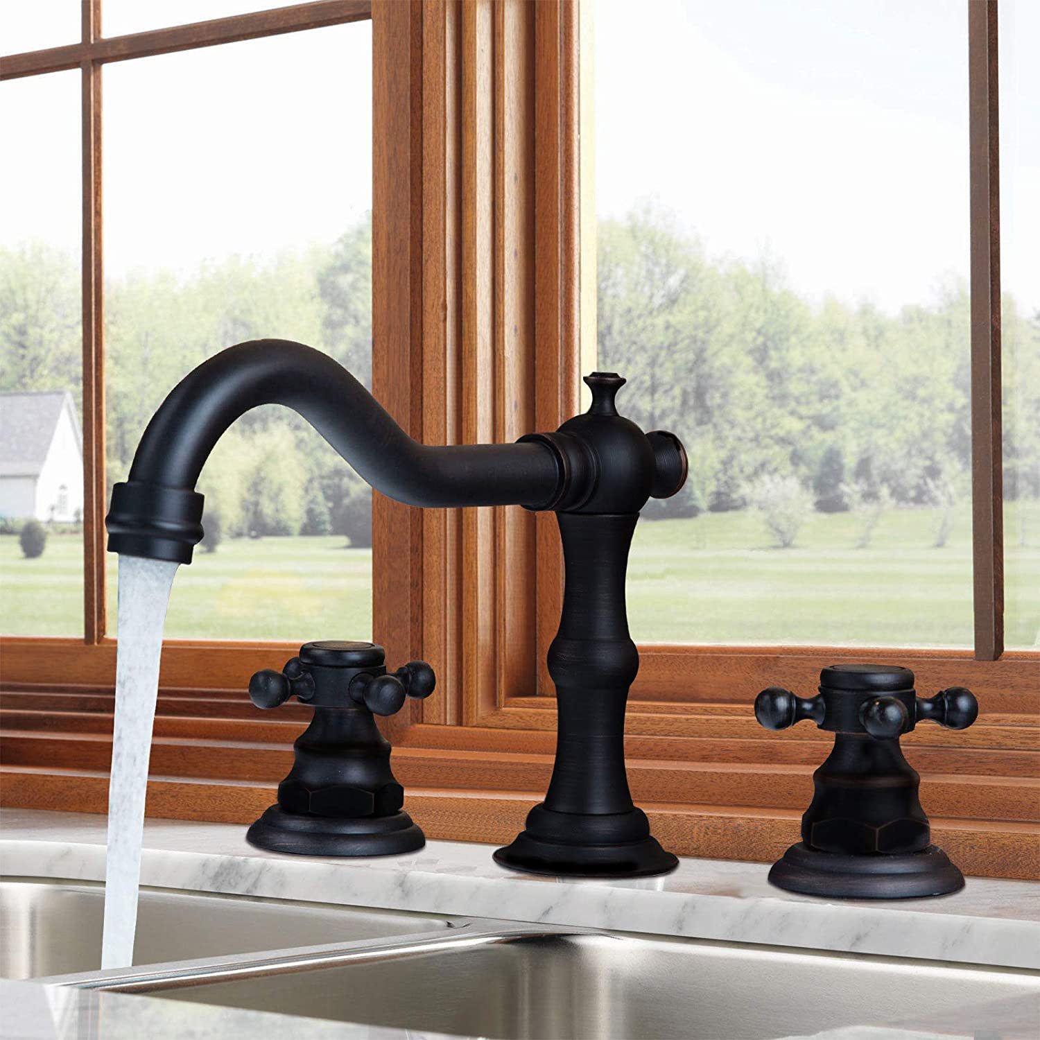 Copper antique bathroom sink bathtub three-piece set, faucet, plum blossom handwheel, three-hole washbasin, ceramic basin, black faucet undefined
