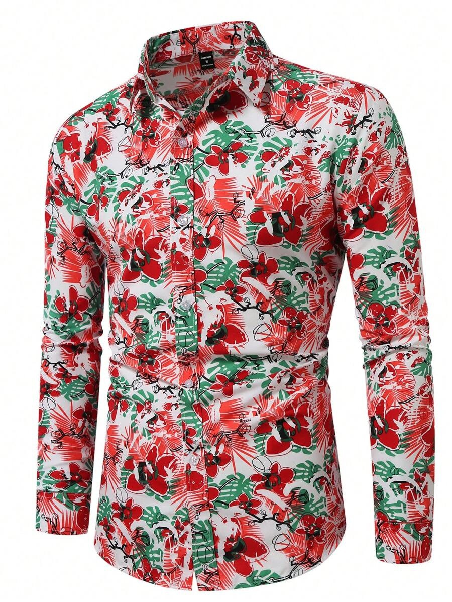 Moda todo fósforo color sólido tinta flor impresión digital 3D hombres primavera y otoño suelta camisa de botón de solapa de manga larga