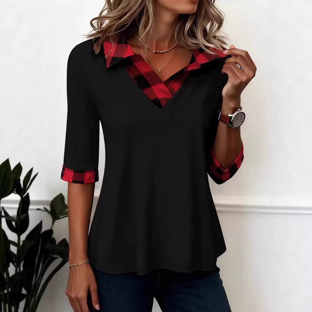 Contrast Panel Casual V-Neck Tunic Top For Women - Modern Spliced Tee With 3/4 Sleeves For Street Style_ecoleips.com