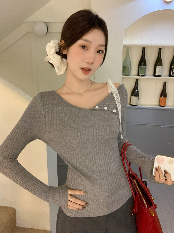 纯欲花灰斜肩蕾丝绑带长袖T恤女2025早秋新款纽扣收腰不对称上衣|undefined